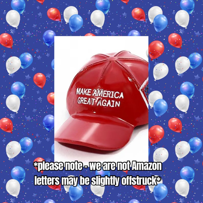 May include: A red baseball cap with the text "MAKE AMERICA GREAT AGAIN" in white. The background features a pattern of red, white, and blue balloons on a blue background.