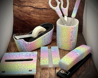 Glitter Leopard Print Desk Set, Personalized Teacher Supplies, Ombre Spots Stapler, Scissors, Pen Cup