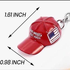 May include: Red baseball cap keychain with the text "Make America Great Again" and an American flag patch. The keychain is 1.61 inches long and 0.98 inches wide.