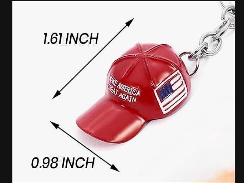 May include: Red baseball cap keychain with the text "Make America Great Again" and an American flag patch. The keychain is 1.61 inches long and 0.98 inches wide.