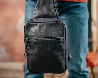 Leder Sling Bag Männer Schwarz, Herren Sling Bag, Herren Crossbody Bag,  Herren Schultertasche, Geburtstagsgeschenk
