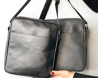 Mens shoulder bag Black Matte and Gloss, Gift for men, Mens leather bag, Shoulder bag men