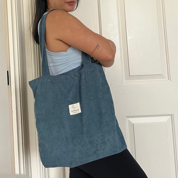 Corduroy tote bag shopping bag with pockets eco friendly