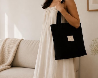 Corduroy tote bag shopping bag eco friendly in black