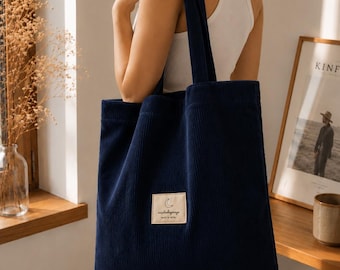 Corduroy tote bag shopping bag eco friendly hand made in royal navy blue