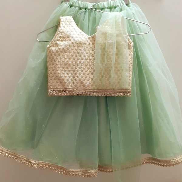 Handgemachte pudergrüne Lehenga für Baby, Mädchen Ghagra Choli, Kleinkind ethno Kleidung, festliche Kleidung lehenga für Baby Mädchen, Pattu ghagra choli