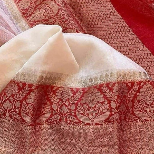 Beautiful Banarasee linen silk saree,function wear,traditional wear saree,Zari pallu sari/ off white and red,durga puja special
