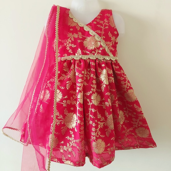 Handmade banarasi ethnic wear, toddler Indian gown, baby one piece knot frock,infant gown,kids ethnic dress,new born dress