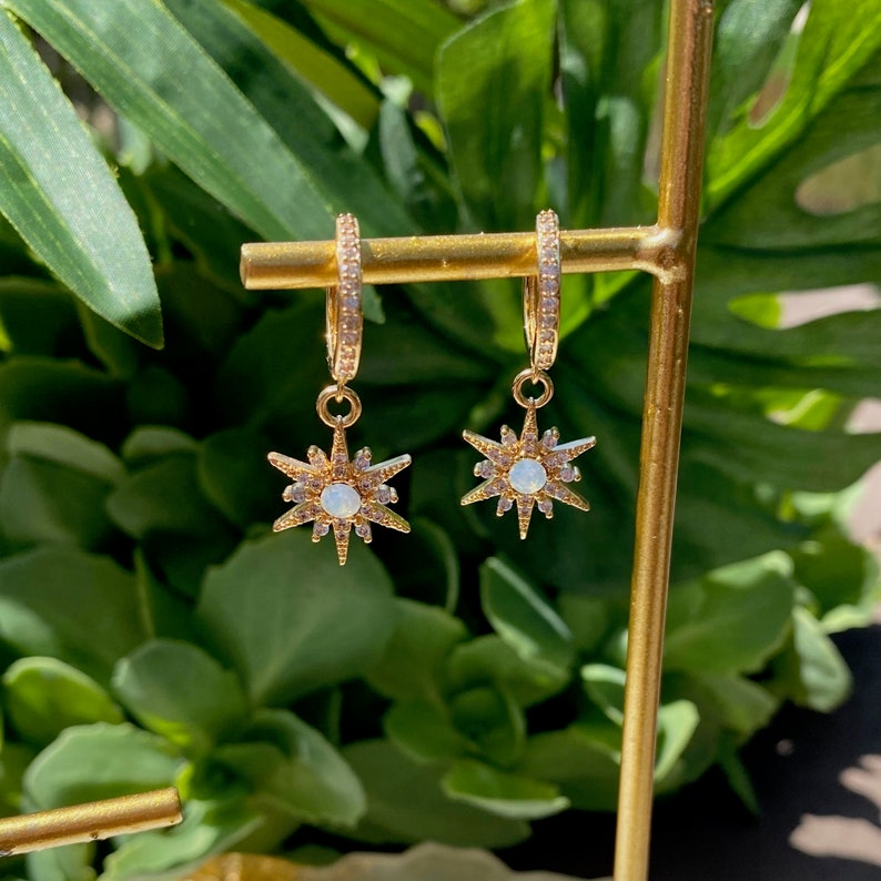 Opal Star Earrings 18K Gold Plated Huggie Earrings Nickel Free Gold Opal Earrings Dainty Earrings Gold Dangle Hoop Earrings image 3