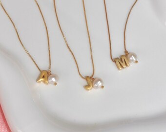 Initial Pearl Necklace | 18k Gold Plated | Gold Initial Necklace | Pearl Charm Necklace | Initial Necklace Gold