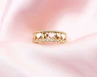 Pink Hearts Ring | Adjustable Gold Ring | Stackable Gold Ring | Trendy Rings | Cubic Zirconia Ring | Women’s Rings | Dainty Ring