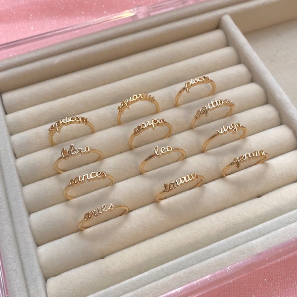 Zodiac Ring | 18k Gold Plated Zodiac Sign Ring | Astrology Jewelry | Zodiac Sign Jewelry | Lettering Jewelry