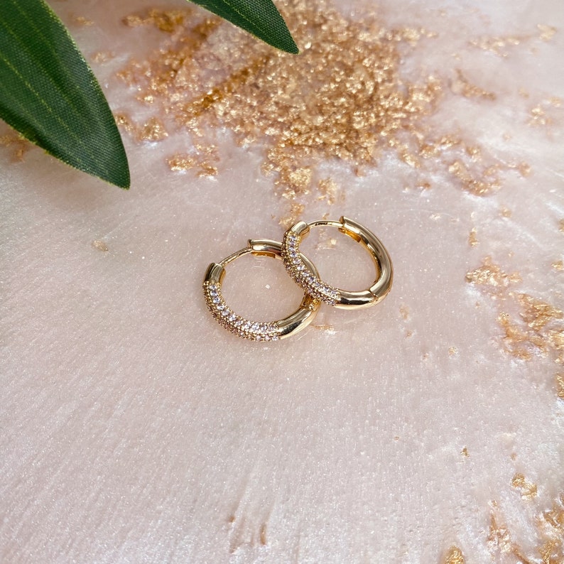 Cubic Zirconia Hoop Earrings 18K Gold Plated Earrings Chunky Hoops Gold Trendy Earrings Gold Hoop Earrings Real Gold Plated image 3