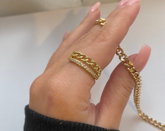 Double Chain Ring | Adjustable 18K Gold Plated Ring | Trendy Rings | Gold Chain Ring | Cubic Zirconia Ring | Women’s Rings | Dainty Ring