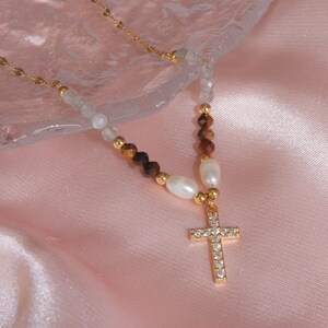 Beaded Cross Necklace Stainless Steel Gold Cross Necklace Pearl Jewelry Beaded Necklace Gold Necklace image 3