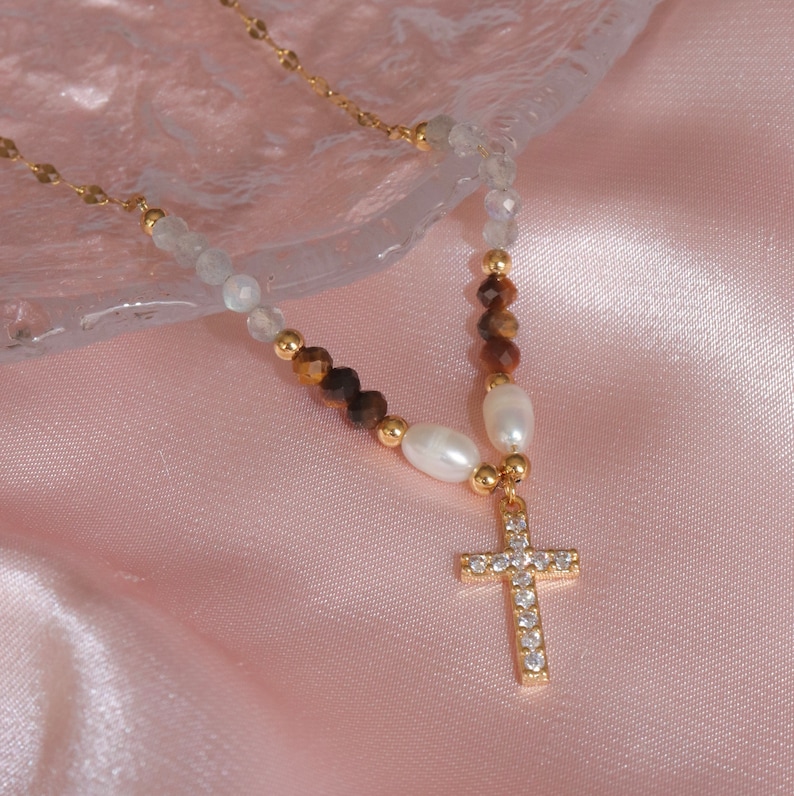 Beaded Cross Necklace Stainless Steel Gold Cross Necklace Pearl Jewelry Beaded Necklace Gold Necklace image 3