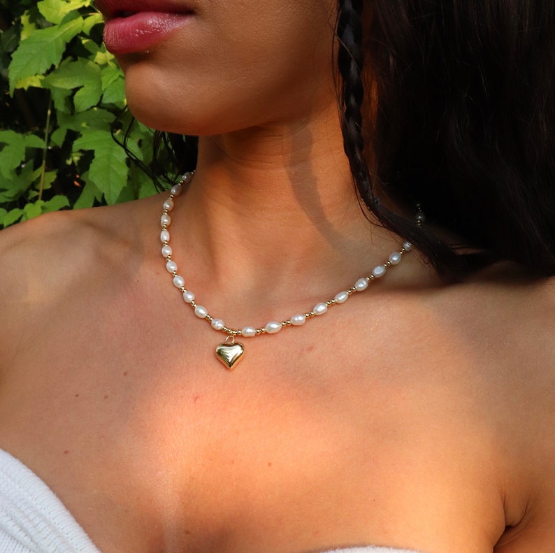 Heart Pearl Necklace 18k Gold Plated Gold Heart Necklace Pearl Jewelry Pearl Necklace Gold Necklace image 1