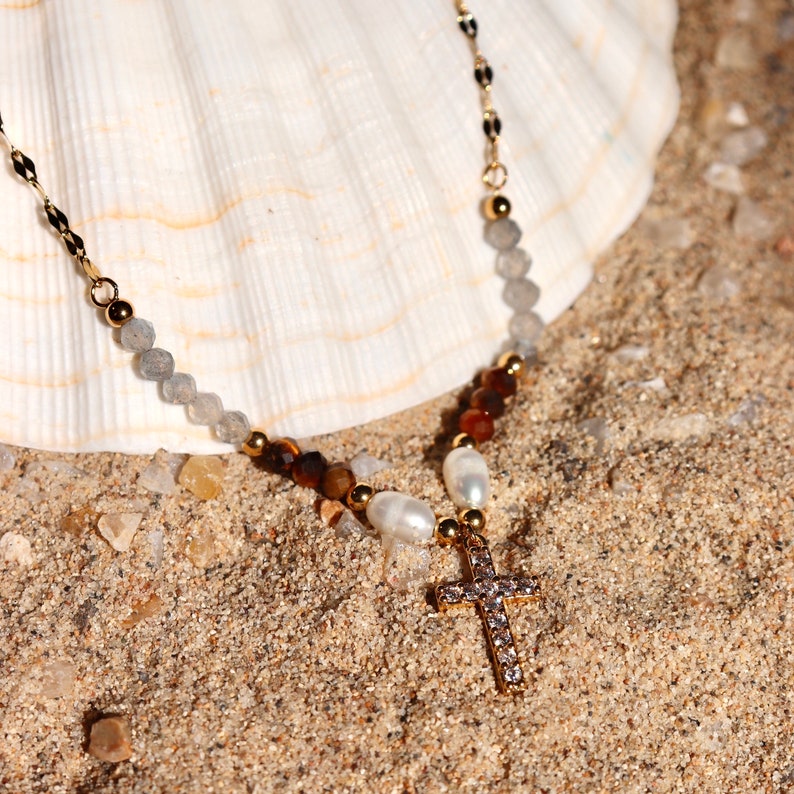 Beaded Cross Necklace Stainless Steel Gold Cross Necklace Pearl Jewelry Beaded Necklace Gold Necklace image 4