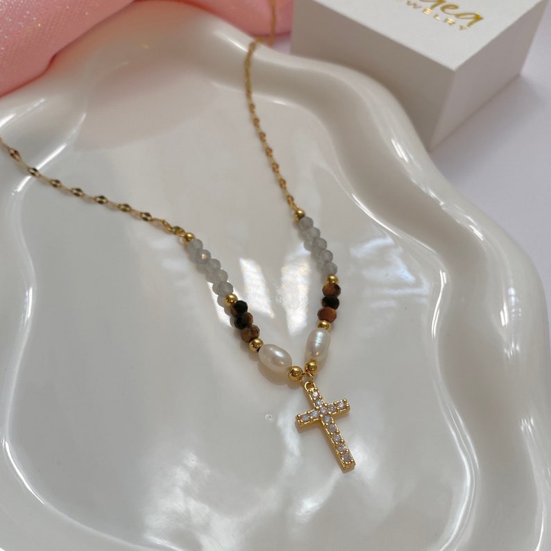 Beaded Cross Necklace Stainless Steel Gold Cross Necklace Pearl Jewelry Beaded Necklace Gold Necklace image 2