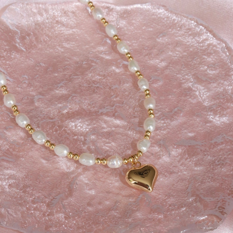 Heart Pearl Necklace 18k Gold Plated Gold Heart Necklace Pearl Jewelry Pearl Necklace Gold Necklace image 2