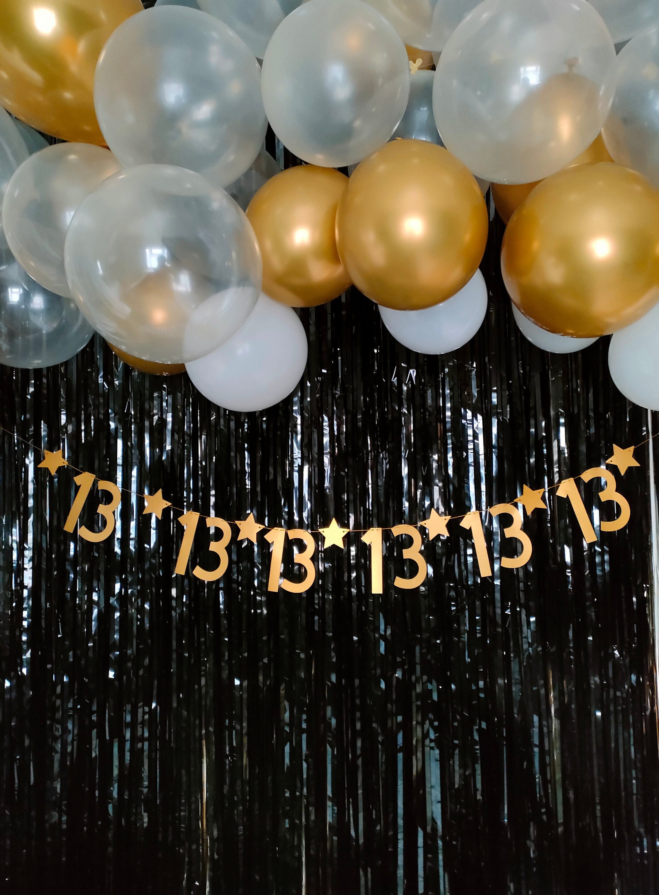 Gold Silver and Black Birthday Decorations Background&Balloons Arch Garland  Kit,Crown ,HAPPY BIRTHDAY Banner,Gold Curtains,Balloon gift box,for Men