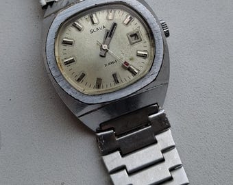 Vintage Slava Watch 21 Jewels Export USSR Mechanical, Mens Retro TV Case Wristwatch with Original USSR Bracelet, Soviet Vintage Gift