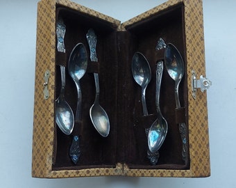 Excellent vintage set of 6 cupronickel (melchior) coffee/tea spoons in original case