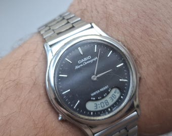 Vintage Casio AQ-227 Module 746 Ana-Digi Quartz Watch, Black Dial Retro Japanese Wristwatch with Original Casio Bracelet, 80s 90s Gift