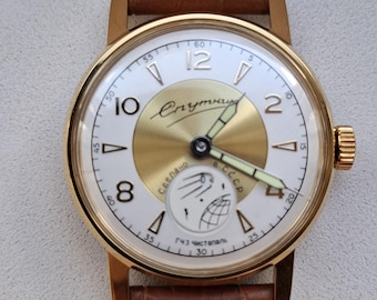 Vintage mechanical mens wristwatch "Pobeda Sputnik" with moving second hand in the shape of a satellite!  VERY RARE item!!!