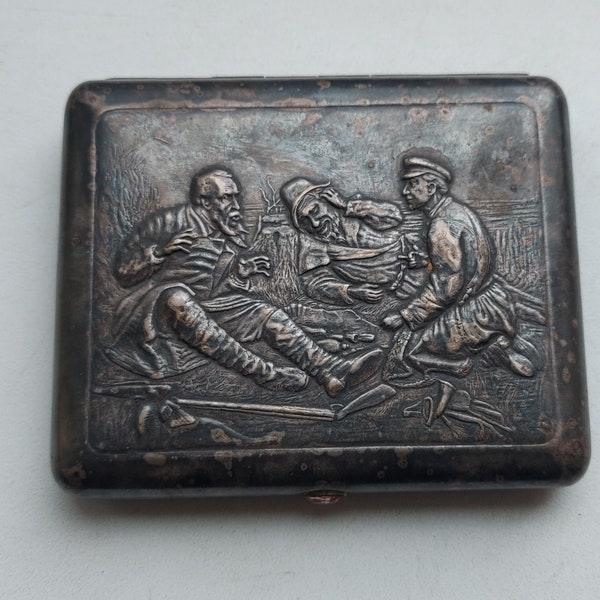 Thematic rare cigarette case of the USSR "Hunters at rest", Melchior