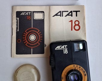 Rare Agat 18 Soviet Half Frame 35mm Film Camera with Original Box Manual & Cap, Vintage Soviet Pocket Point and Shoot Camera, Industar 104