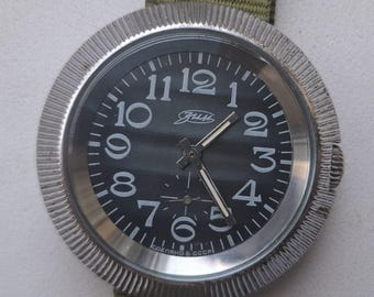Vintage ZIM Mechanical Watch Black Dial Fluted Bezel, Soviet Military Style Men Wristwatch, Retro USSR Mechanical Watch