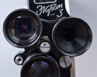 Vintage Soviet Ekran-3 8mm Movie Camera with Original Case, 5 Film Cartridges, Filters, USSR Collectible Cine Camera