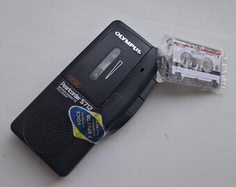 Vintage Olympus Pearlcorder S712 Microcassette Recorder VCVA Voice Activated with Sealed Sony MC-30 Tape, Retro Portable Dictaphone Reporter