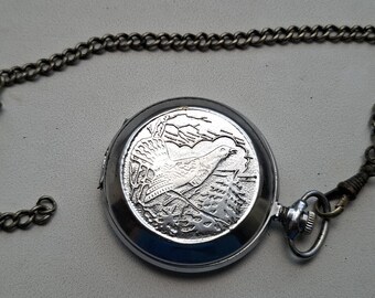 Vintage Soviet Pocket Watch Molnija Capercaillie Wood Grouse USSR Black Dial Mechanical Pocket Watch 3602 Hunter Case Hunting Watch Chain