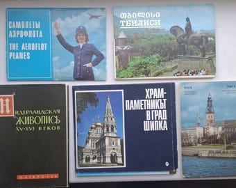 Lot of 5 Vintage Soviet Postcard Sets 1960s-1980s, Aeroflot Olympic Planes, Tbilisi Georgia, Riga Latvia, Dutch Painting & Shipka Monastery