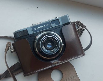 Film camera Smena 7 LOMO with a T-43 4/40 triplet lens in a case of the USSR