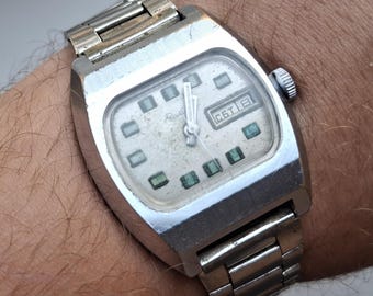 Vintage Soviet Watch Raketa TV Case Double Calendar, USSR Mechanical Men Watch, Cushion Case Retro Watch
