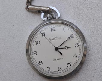 Vintage Vostok Pocket Watch with Chain 17 Jewels Mechanical Soviet Pocket Watch Floral Engraved Back USSR Retro Men Gift