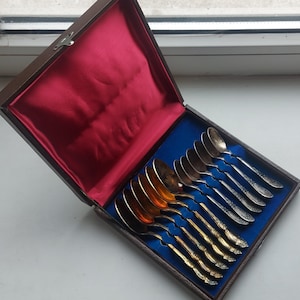 Old Cupronickel (melchior) set of 6 vintage tea spoons and 6 vintage coffe spoons (12 items) in original box