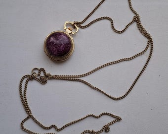 Vintage Chaika Pendant Watch Necklace for Women, Purple Enamel Locket Watch, Gold Mechanical Pocket Watch, Working Soviet Jewelry Gift