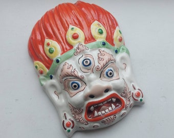 Vintage Asian wall porcelain mask Fire God, Mongolia
