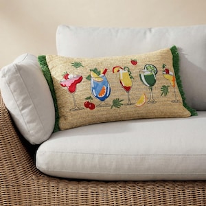 Outdoor Embroidered Cocktail Lumbar Pillow Cover, Summer Patio Bar Cushion