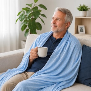 May include: A light blue fleece throw blanket draped over a person wearing a dark navy blue henley shirt and khaki pants, while holding a plain white ceramic mug. The blanket has a soft, textured appearance and covers the lap and shoulders.