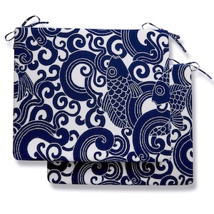 Set of 2 Indoor/Outdoor Navy Blue Carp Seat Cushion with Ties, Patio Chair Pads, Home Garden Decorative Cushion, 16&quot;x18.5&quot;x3&quot;