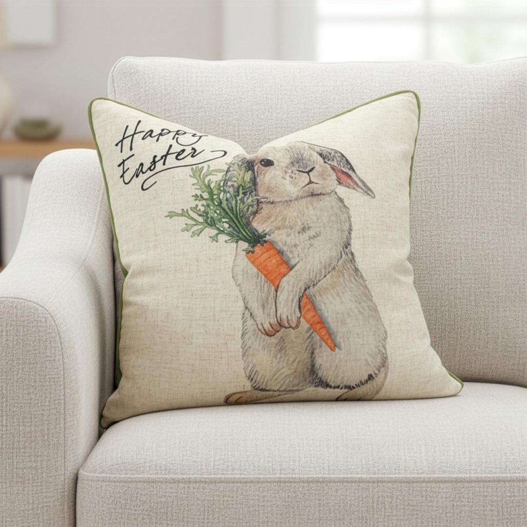 Easter Bunny Pillow Cover 20x20 | Rabbit Carrot Linen Look Cushion W ...