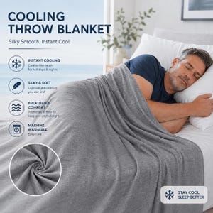 May include: A grey cooling throw blanket with text reading Cooling Throw Blanket, Silky Smooth. Instant Cool. Features include instant cooling, silky and soft texture, breathable comfort, and machine washable care. A circular inset shows the fabric texture.