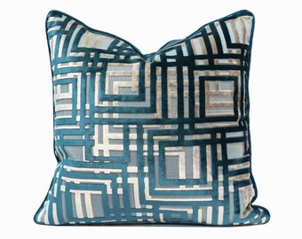 Maze, Cut Velvet, Throw Pillow, Teal/Peacock Designer, Contemporary, Luxurious Fabric, Home Accent 20"x20" - Pillow Cover Only