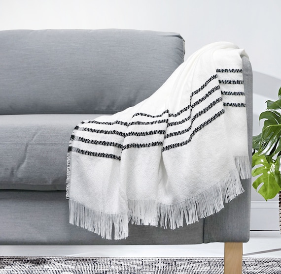Striped Luxurious Striped Designer Throw Blanket White black. Cozy Soft Coastal Beach Linen Look With Fringe Unlined 50x60 Etsy