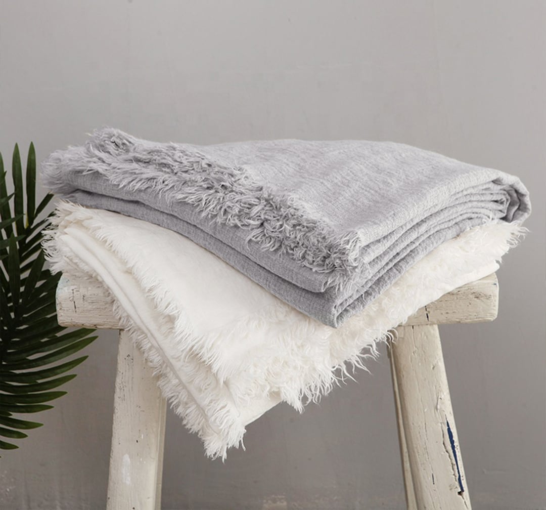 Silver Throw Silver Gray Throw Blanket: Lightweight Linen Look With Fringe | 50